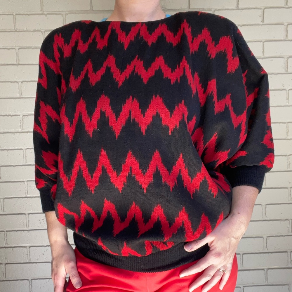 Vtg Handwoven Blouse, Gogo by Olga Fisch, Red and Black 70s Dolman Sleeve Top